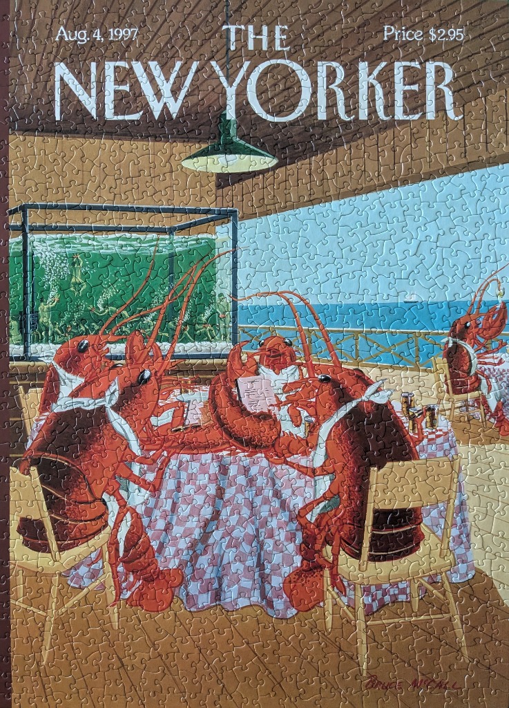 A vintage magazine cover illustration of anthropomorphic lobsters dining at a seaside restaurant table.