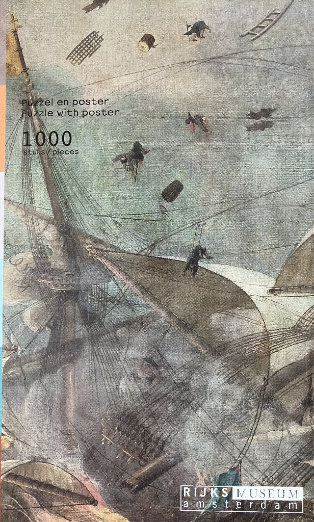 Surreal illustration of a ship sinking amidst a chaotic, debris-filled sky and sea in a historical, muted style.