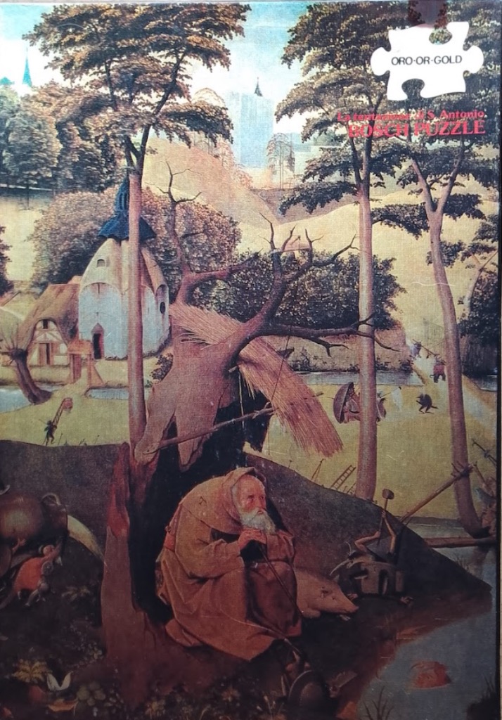 Hieronymus Bosch's The Temptation of Saint Anthony showing an elderly monk sitting beneath a dead tree in a landscape.