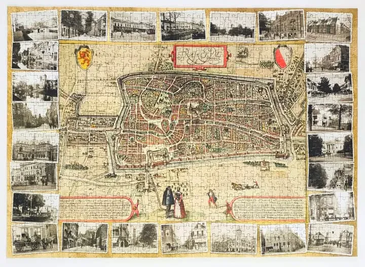 A vintage map of Breda surrounded by black and white photographs of city landmarks.