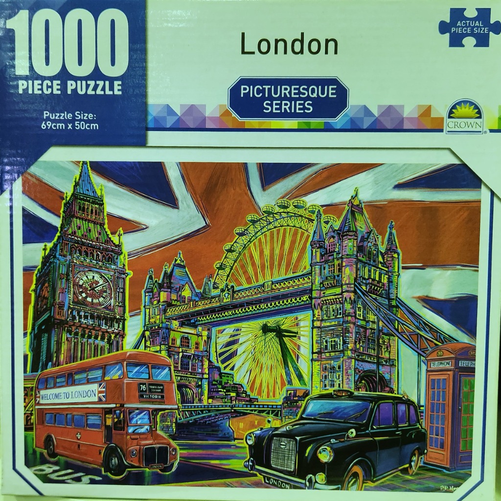 Vibrant, stylized illustration of iconic London landmarks with a Union Jack background.