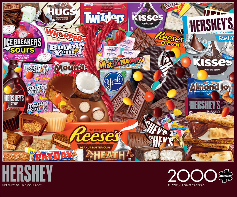 A vibrant, crowded collage of various classic American chocolate bars and candies.