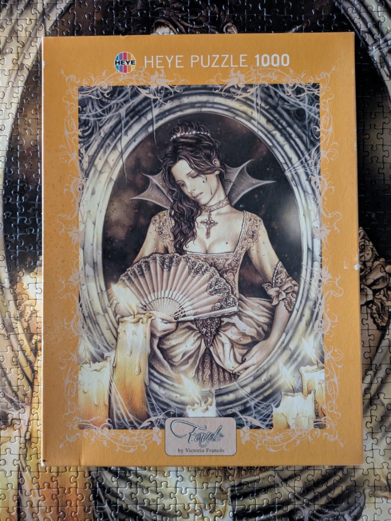 Gothic illustration of a melancholy woman in a corset dress holding a fan behind burning candles.