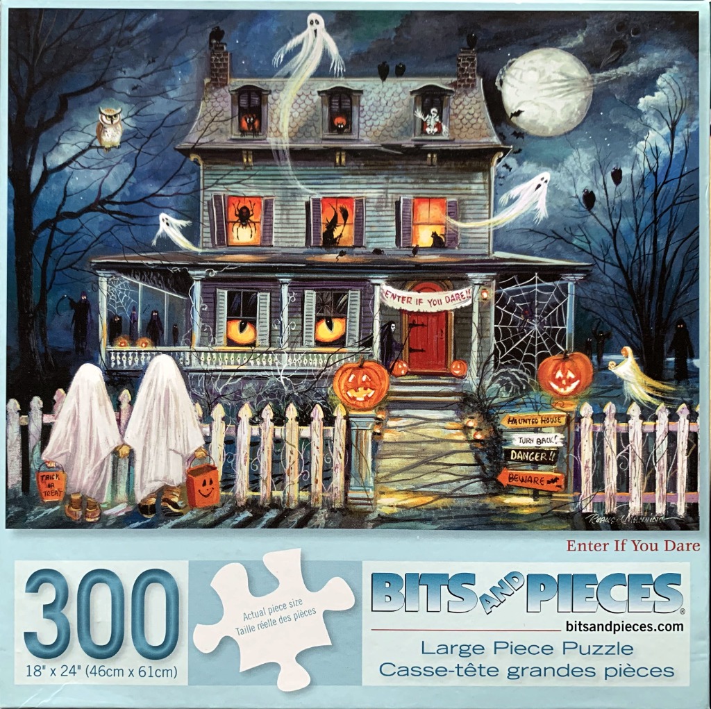 An illustration of a spooky haunted house at night with ghosts, jack-o'-lanterns, and trick-or-treaters.