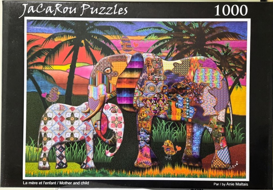 An adult elephant and calf decorated in colorful, vibrant patterns set against a tropical sunset background.