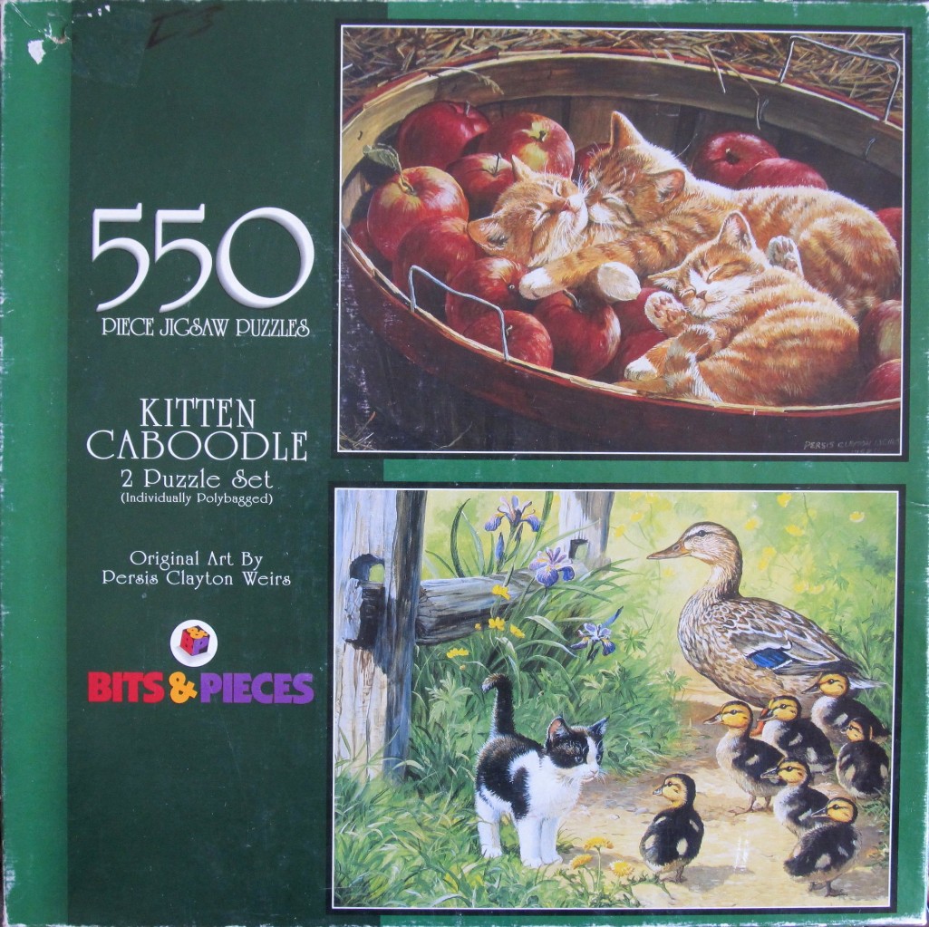Two paintings: one of kittens in an apple basket and another of a black-and-white kitten watching a duck and ducklings.