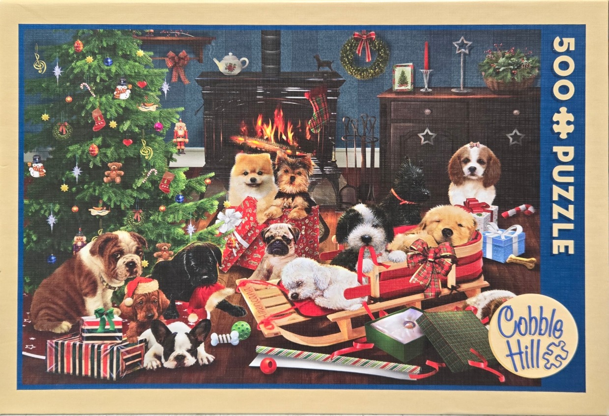 A festive Christmas scene featuring a group of puppies gathered around a decorated tree and a fireplace.