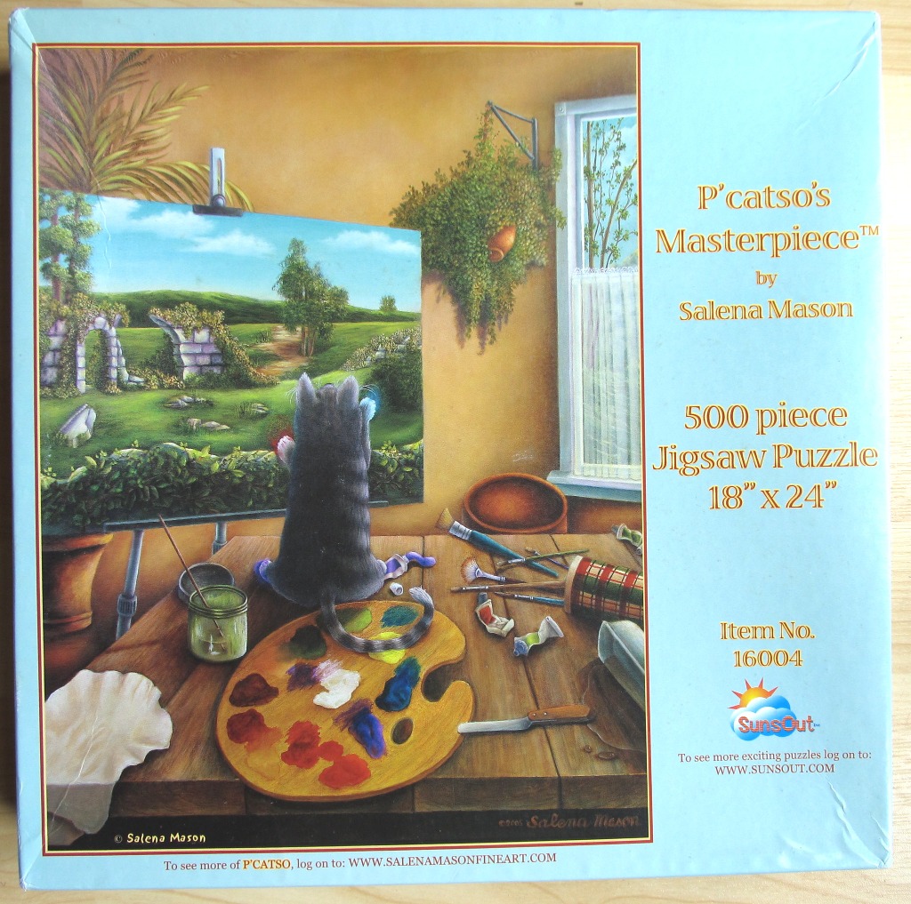 A grey cat sits at an easel in a sunlit room, painting a landscape of rolling hills and stone ruins.