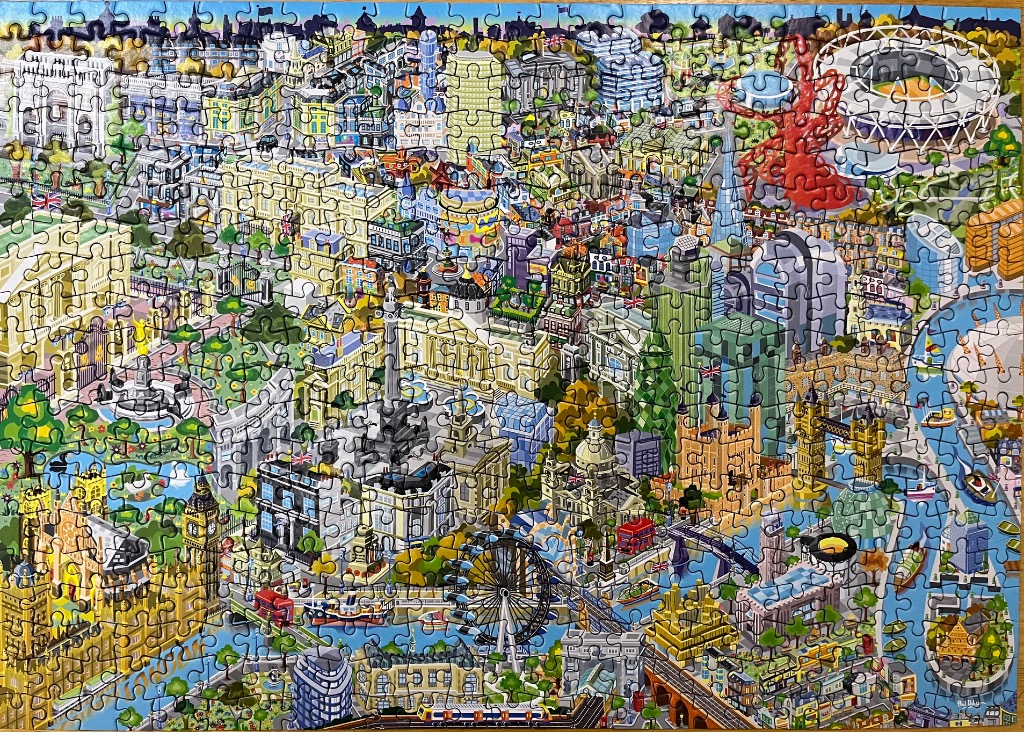 Illustrated map of London landmarks featuring major buildings, the River Thames, and the London Eye.