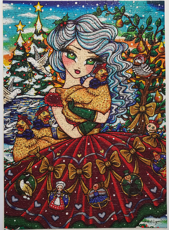 A whimsical illustration of a woman in a red gown holding a hen, surrounded by holiday-themed imagery.