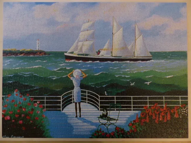 A woman in a light dress stands on a garden terrace looking out at a large sailing ship on the ocean.