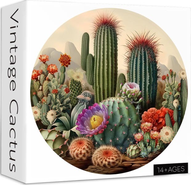 A circular vintage-style illustration of a vibrant desert landscape featuring various cacti and blooming flowers.