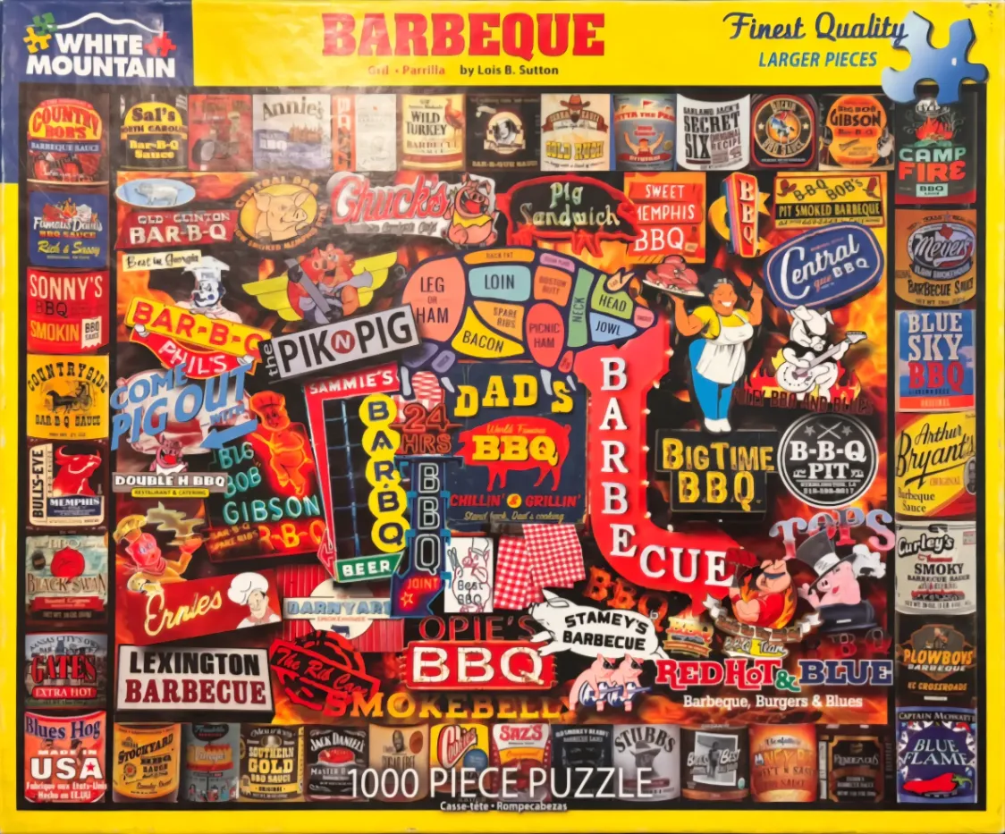 A collage of barbecue-themed imagery including sauce labels, pig diagrams, and restaurant signs.