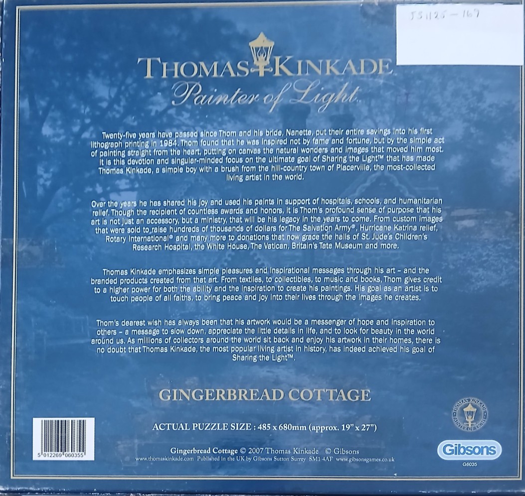 A blue background with text about the artist Thomas Kinkade and the title Gingerbread Cottage.