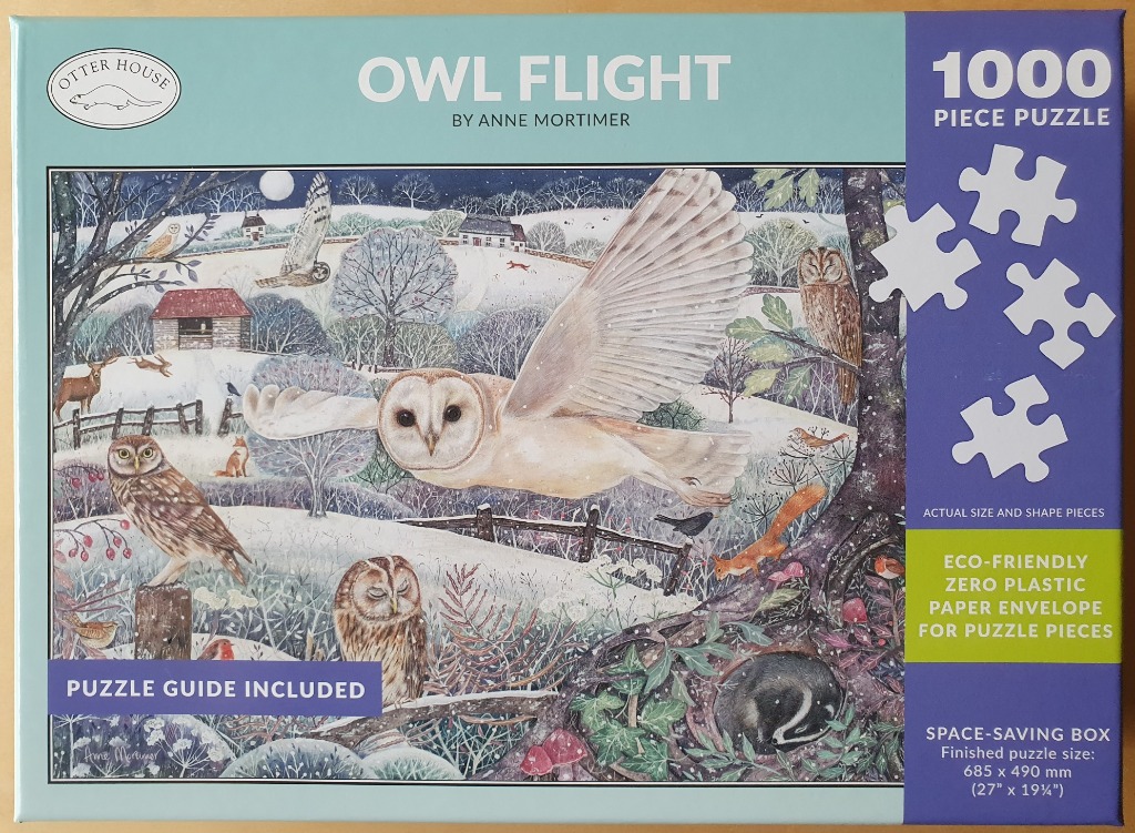 Illustration of various owls in a snow-covered winter landscape at night with wildlife.