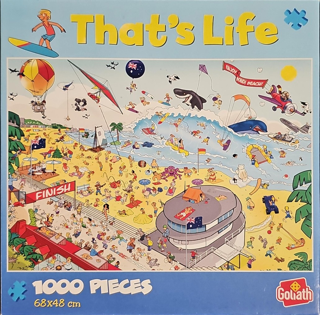Cartoon illustration of a chaotic, crowded Bondi Beach scene with people, sea creatures, and aerial activity.