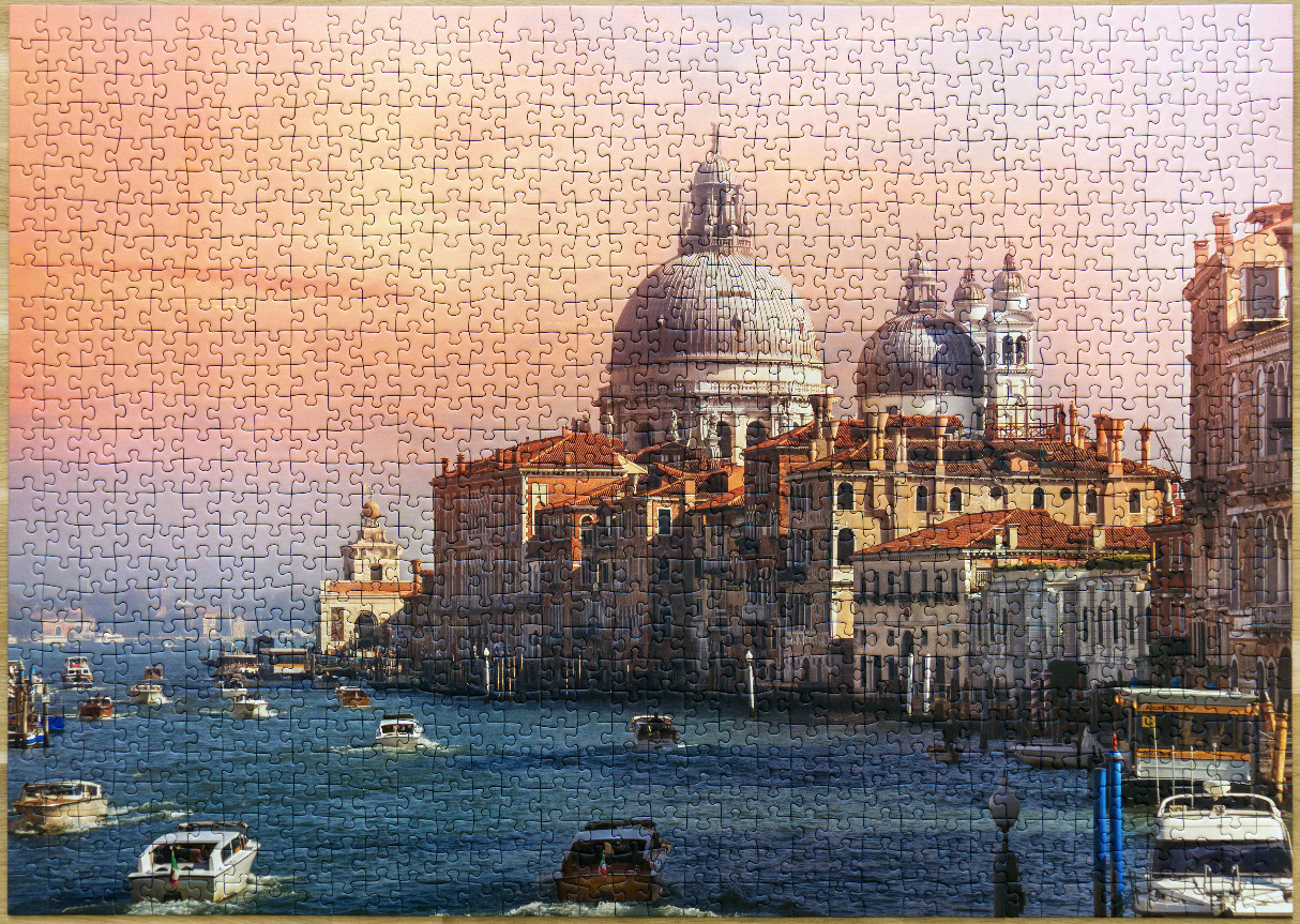 Santa Maria della Salute basilica and Grand Canal in Venice at sunset