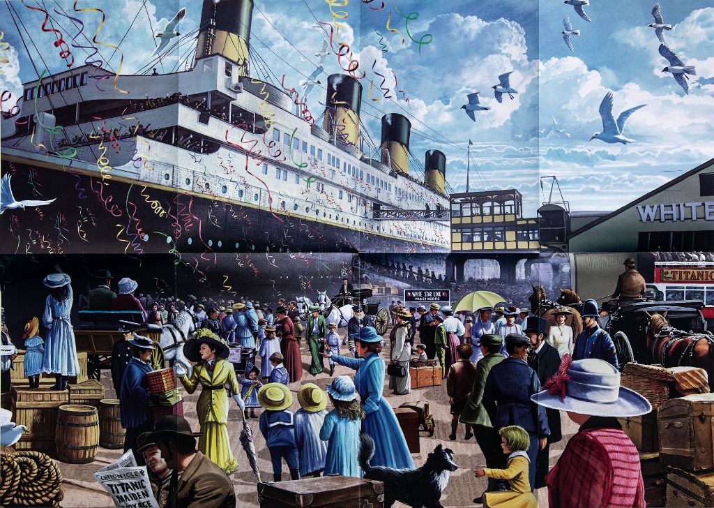 An illustration of a large ocean liner docked at a pier, surrounded by a crowd of people in early 20th-century attire.