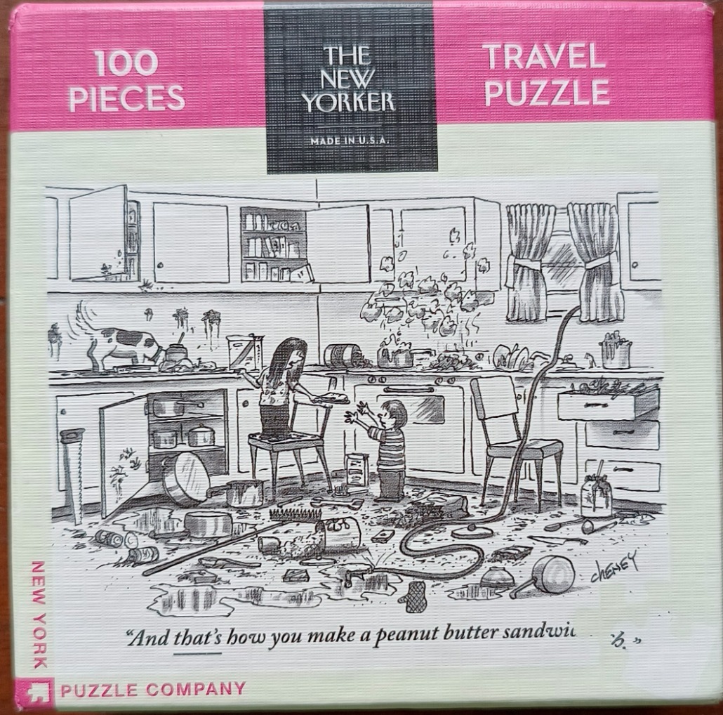 A black and white cartoon illustration of two children making a disastrous mess in a kitchen.