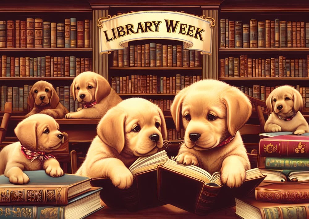Five adorable golden retriever puppies exploring a library filled with books