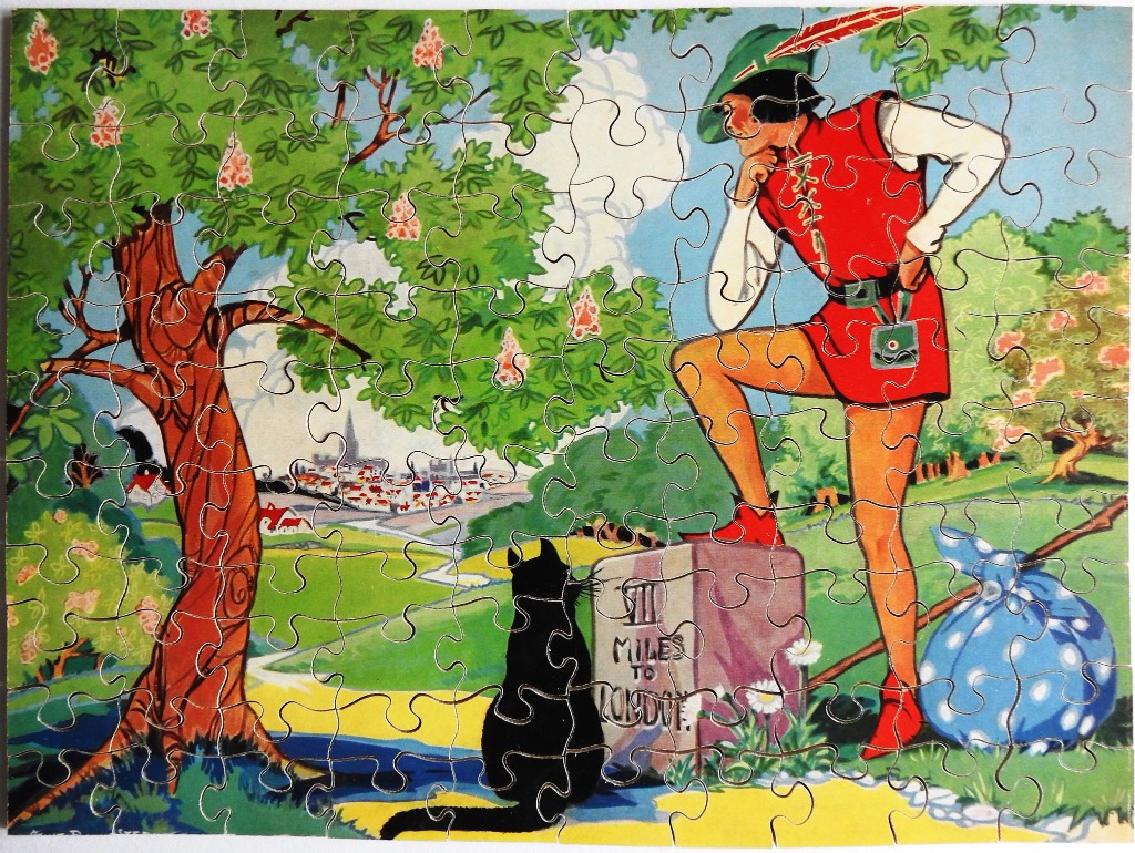 An illustration of Dick Whittington standing by a milestone with his cat, looking toward a distant city.