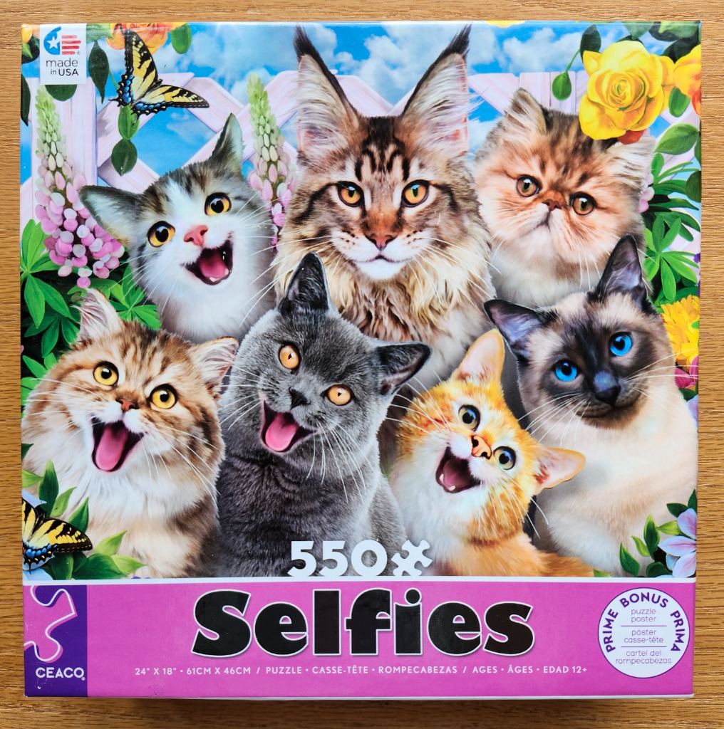 A group of six diverse cats with wide, smiling mouths arranged in a collage against a garden background.