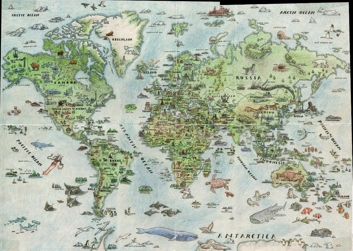 An illustrated, hand-drawn style world map featuring landmasses, oceans, wildlife, and iconic landmarks.