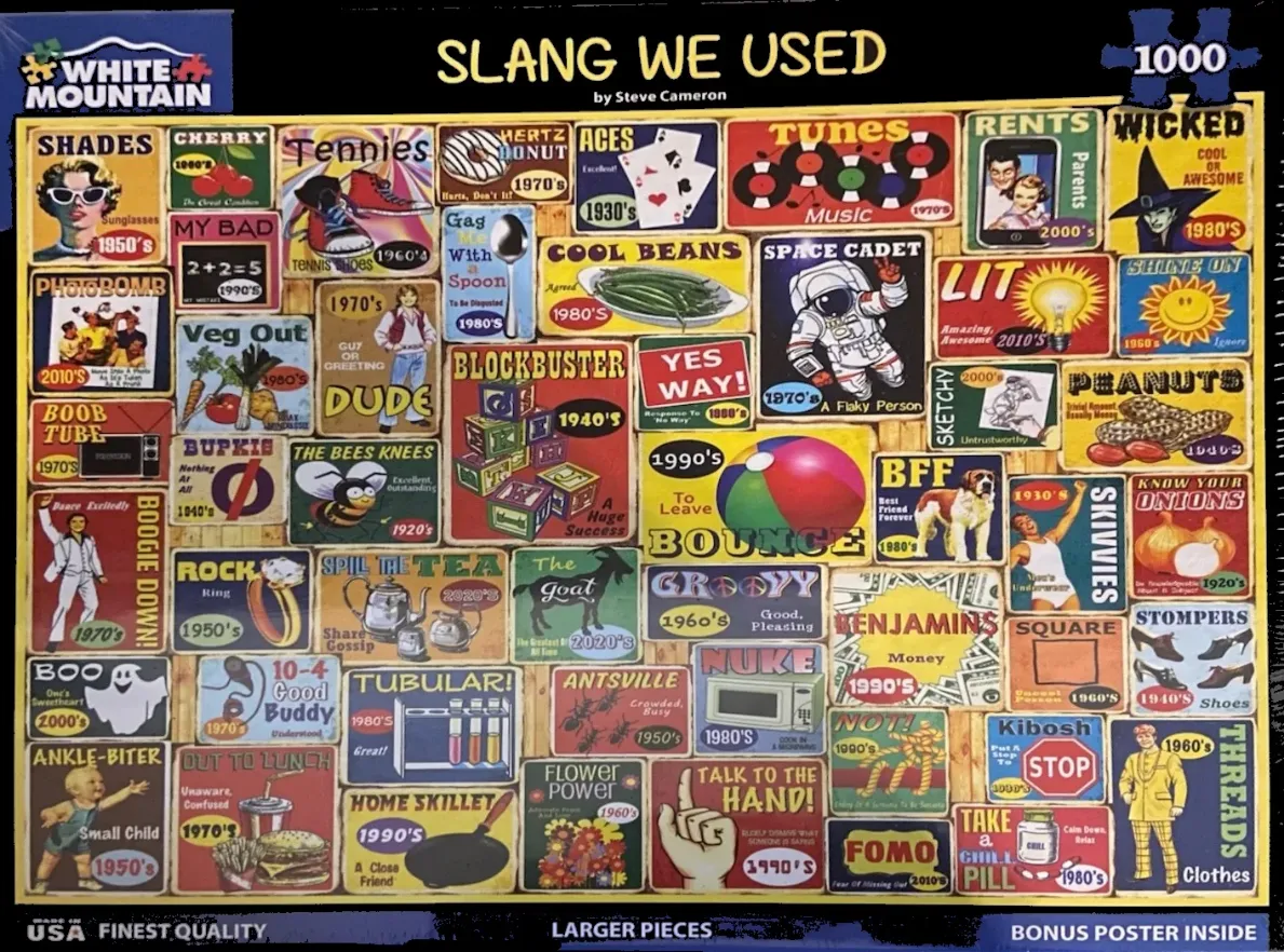 A collage of vintage-style signs depicting various slang terms from different decades.