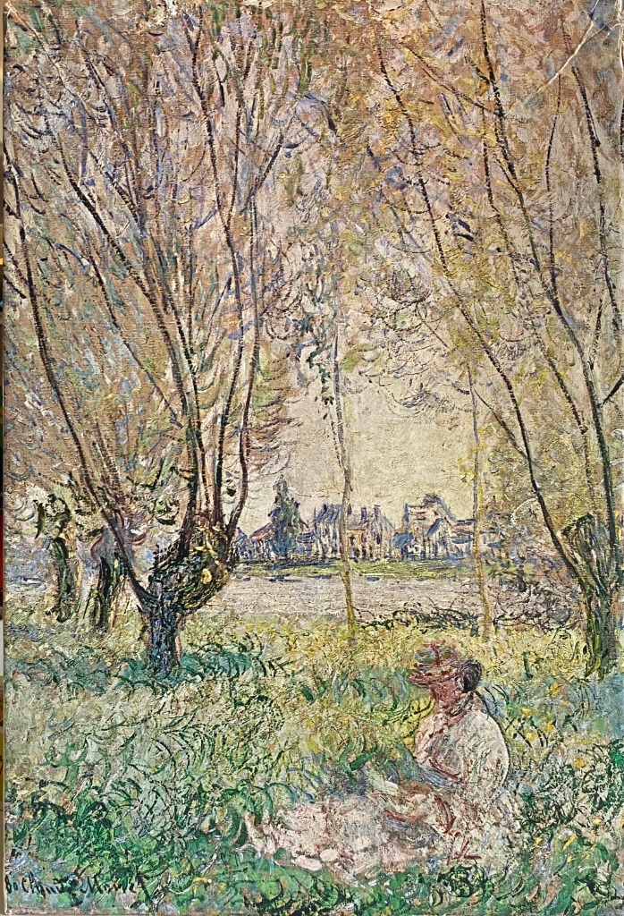 An impressionist painting of a woman sitting in a meadow beneath tall, thin trees with a distant village.