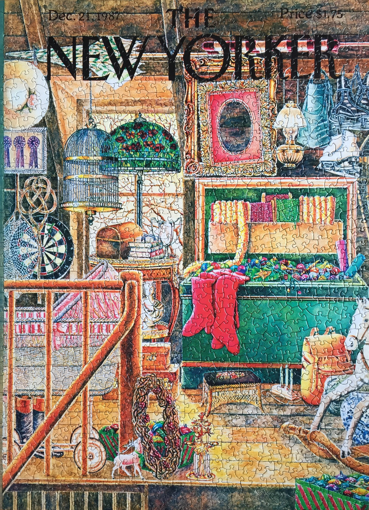 A detailed illustration of a cozy, cluttered attic filled with holiday decor and assorted items.