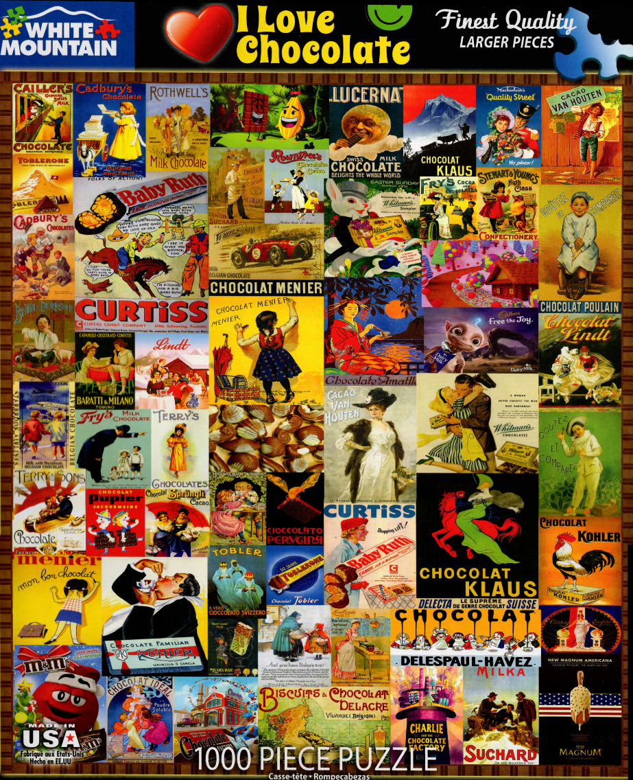 A collage of vintage chocolate and candy advertisements and posters.