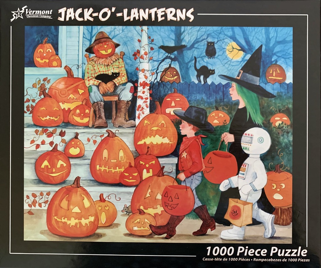 An illustration of three children in Halloween costumes sitting or standing among many glowing jack-o