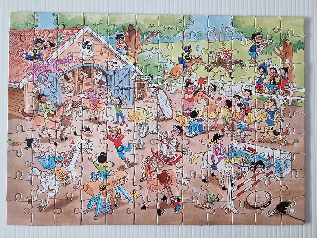 A whimsical illustration of a busy horse stable with children and various animals.