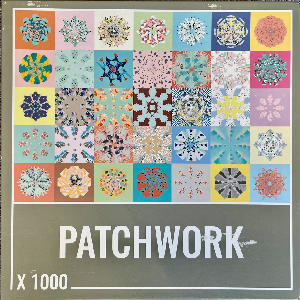 A grid of 42 colorful, kaleidoscopic square patterns above a solid grey field with the word PATCHWORK.