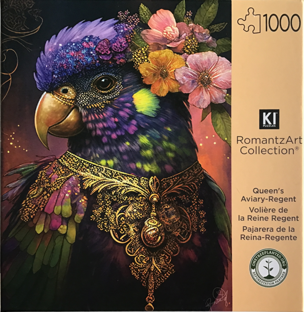A vibrant parrot wearing a floral crown and an ornate golden collar against a dark, moody background.