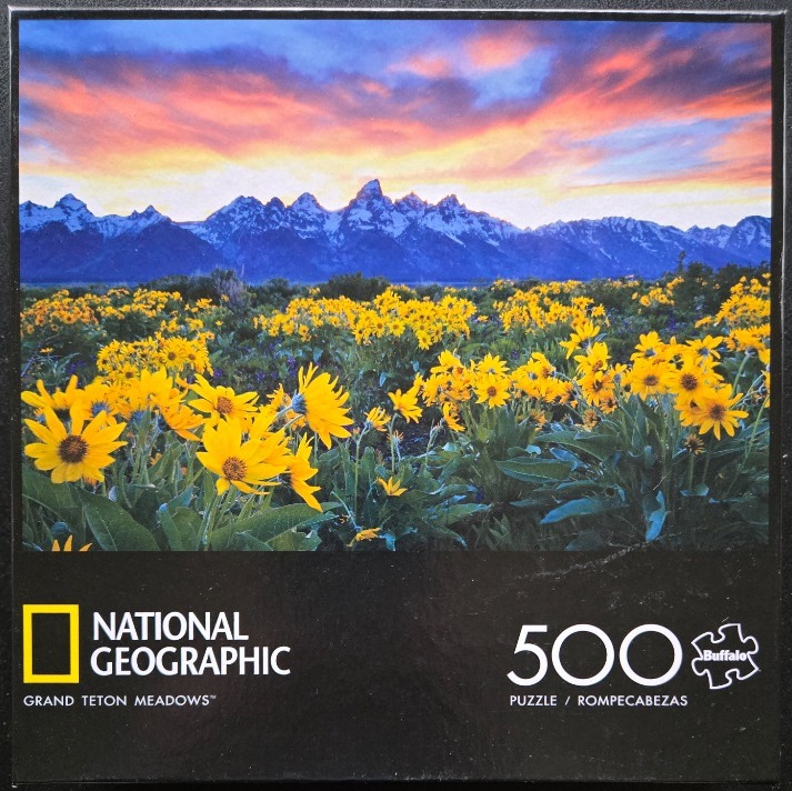 Vibrant sunset over the Grand Teton mountain range behind a field of yellow wildflowers.