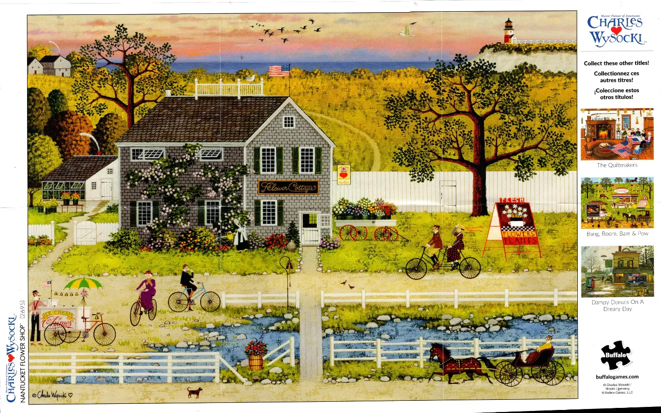 A whimsical folk-art style painting of a Flower Cottage by a stream at sunset.