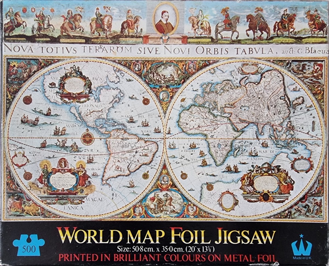 A vintage-style double-hemisphere world map featuring ornate borders, maritime illustrations, and historical figures.