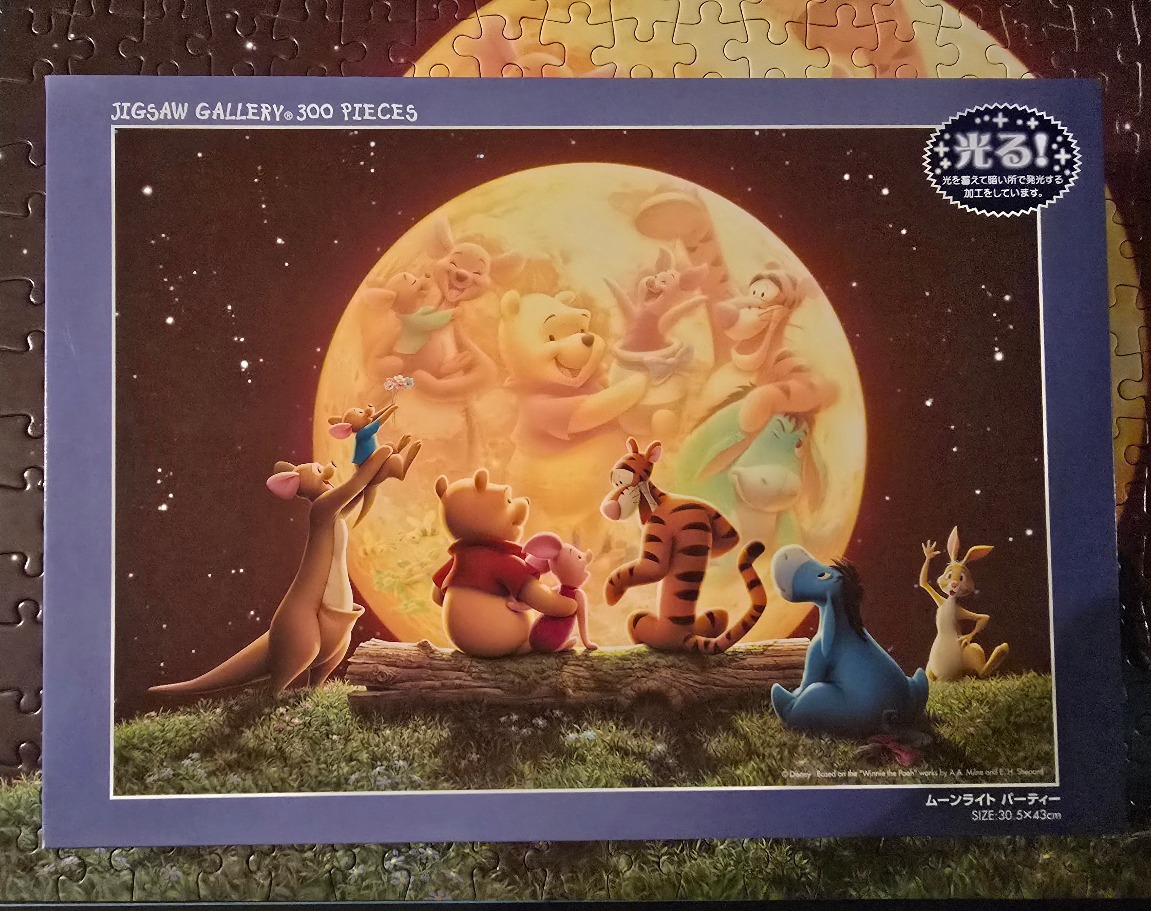 Winnie the Pooh and friends silhouetted against a large glowing full moon at night.