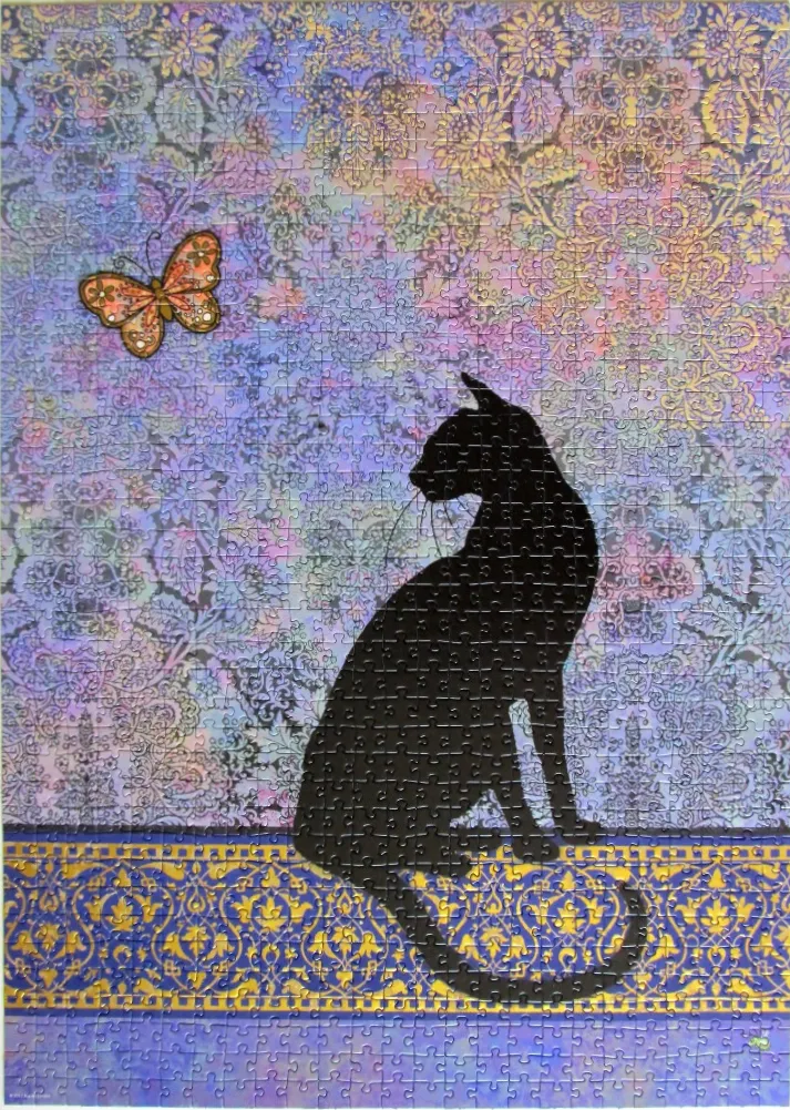 A black cat silhouette sits before an ornate floral tapestry with a butterfly nearby.
