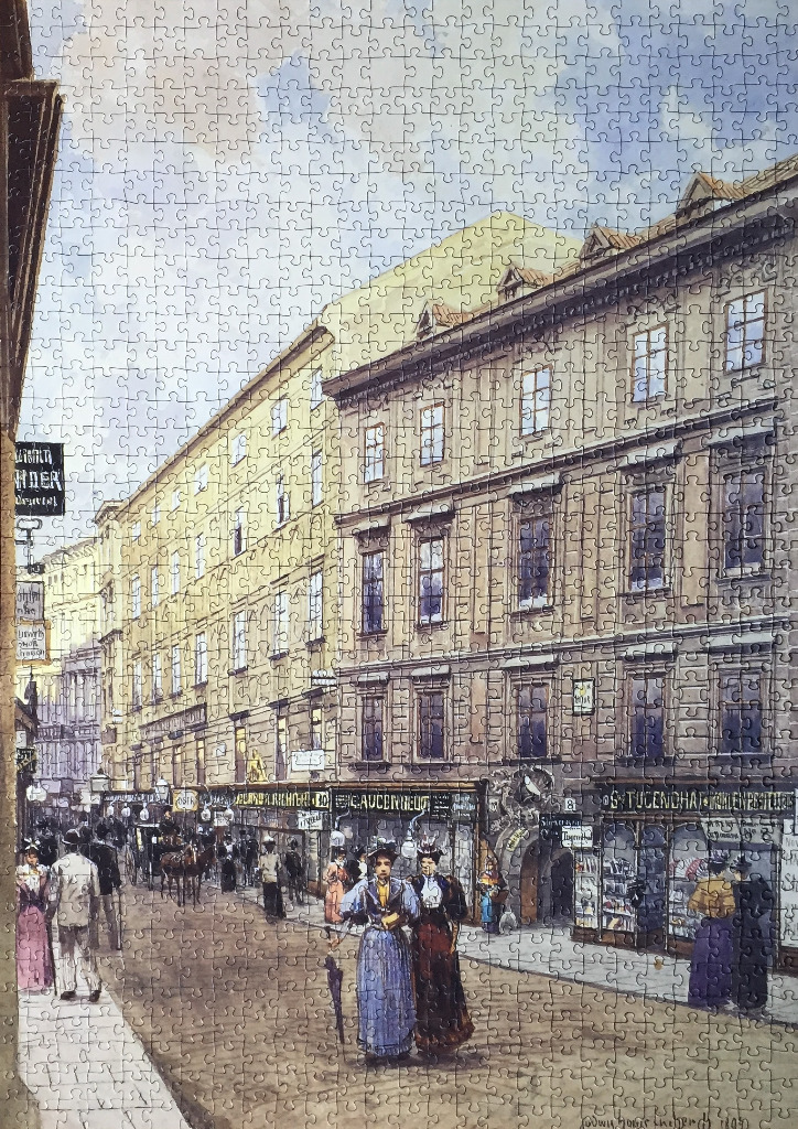 Historical street scene in Vienna with figures in period clothing walking along a sidewalk.