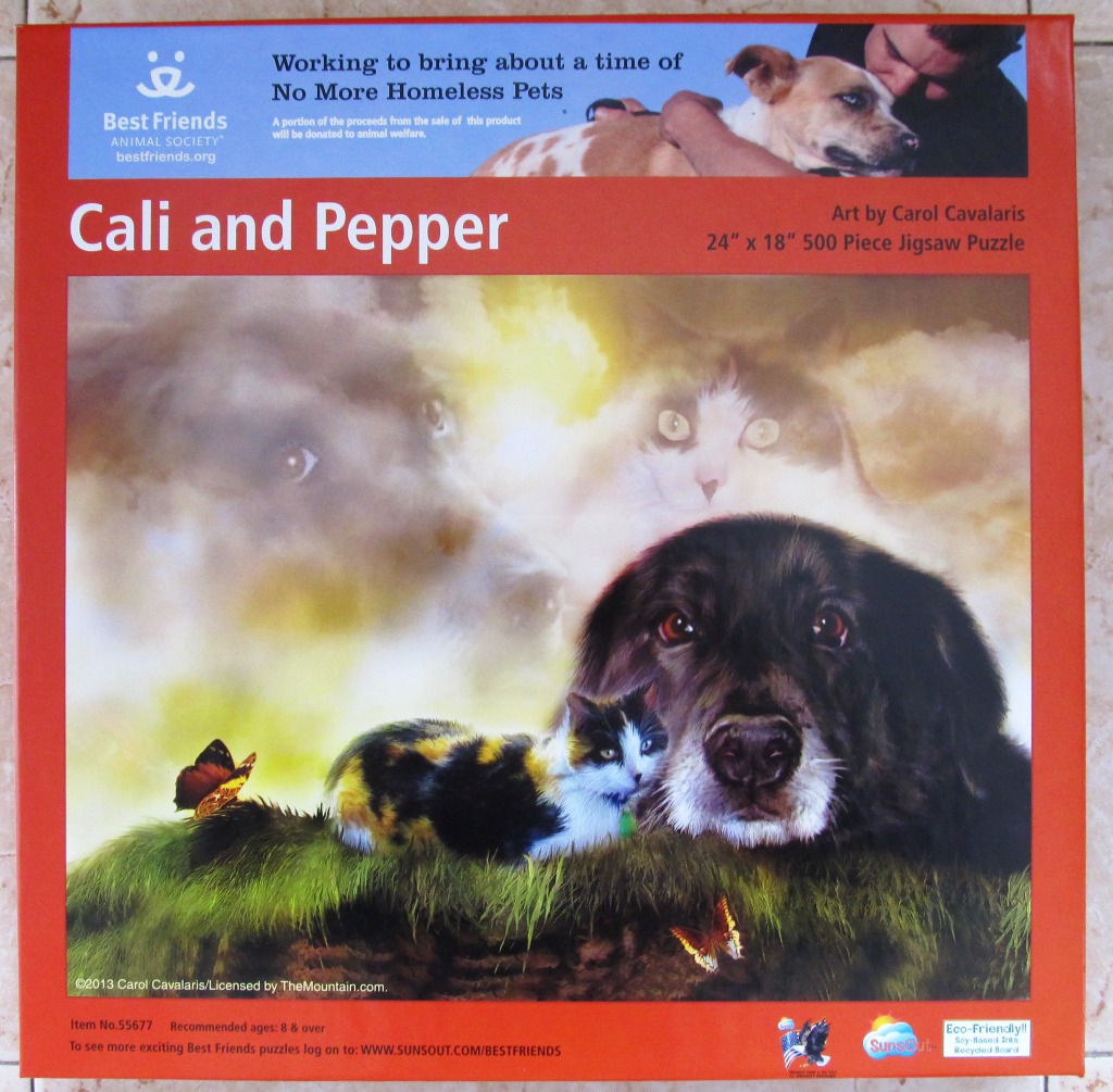 A fantasy illustration of a black dog and a calico cat resting on a grassy hill surrounded by ethereal animal spirits.