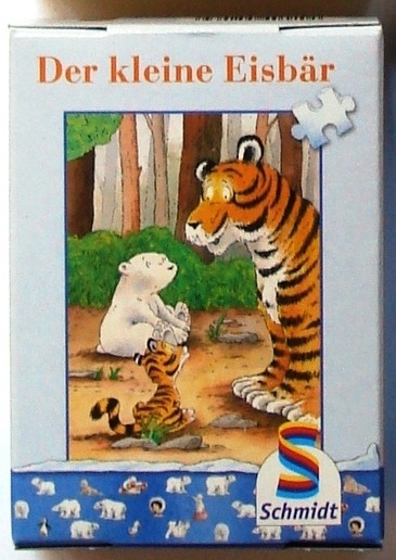 A cartoon illustration of a small white polar bear sitting on the ground, facing a large adult tiger and a tiger cub.