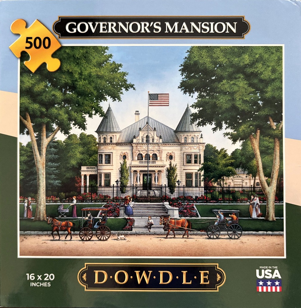 Folk art painting of a stately Victorian mansion with horse-drawn carriages in the foreground.