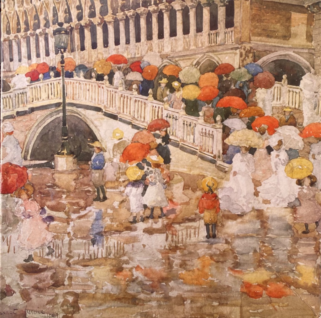 Watercolor painting of a rainy day in Venice with a crowd of people holding colorful umbrellas.