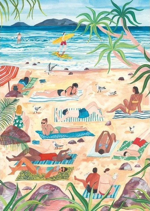 Illustration of a sun-drenched tropical beach filled with people relaxing on towels.