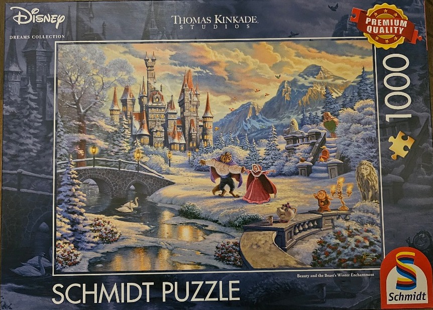 A winter landscape scene featuring Belle and the Beast dancing in front of their castle in a snowy, dreamlike setting.
