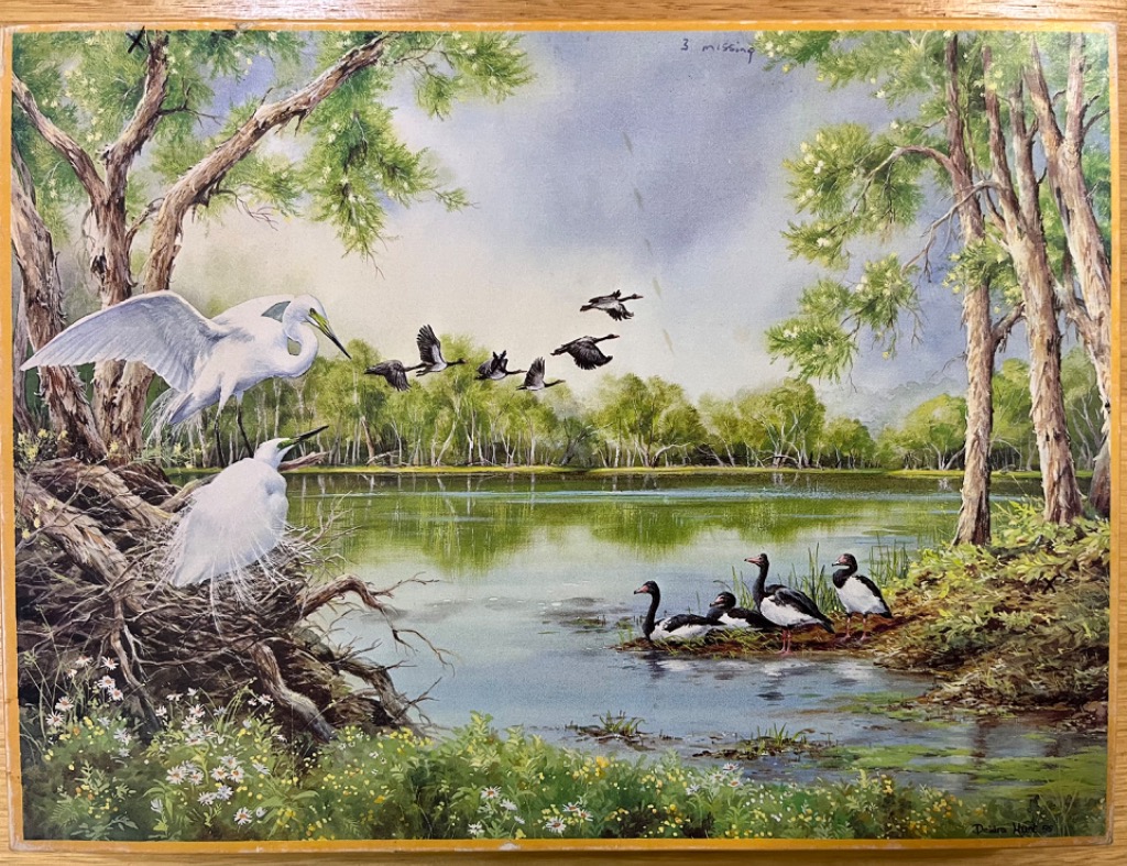 A peaceful watercolor painting of white egrets nesting in a tree overlooking a lake with ducks in the foreground.