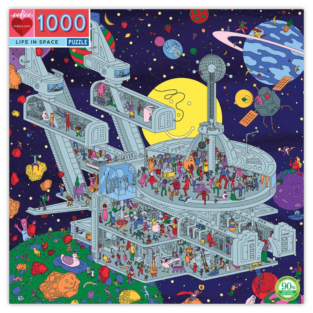 A whimsical illustration of a busy, multi-level space station teeming with colorful alien creatures.