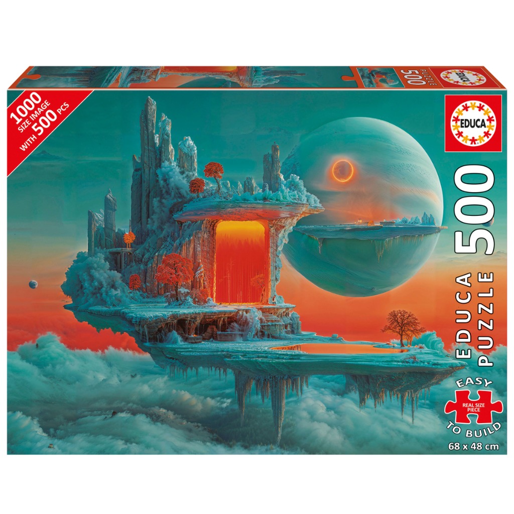 Surreal fantasy landscape featuring a floating island with a glowing orange portal above a sea of clouds.
